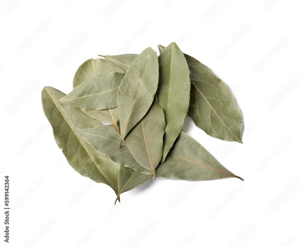 Pile of aromatic bay leaves on white background, top view Pile of aromatic bay leaves on white background, top view