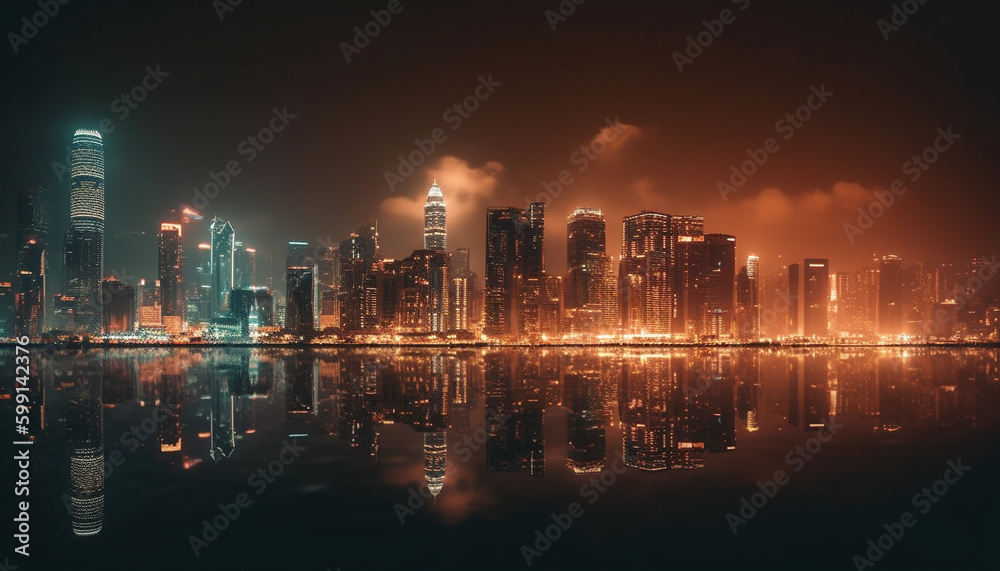 Illuminated skyline reflects on water at dusk generated by AI