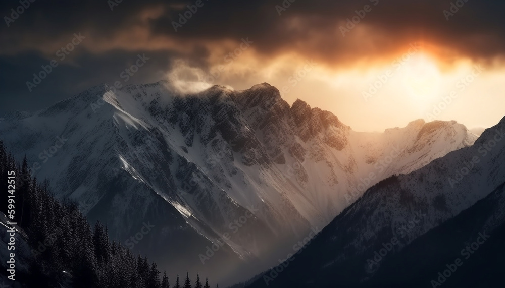 Majestic mountain peak, tranquil scene, back lit generated by AI