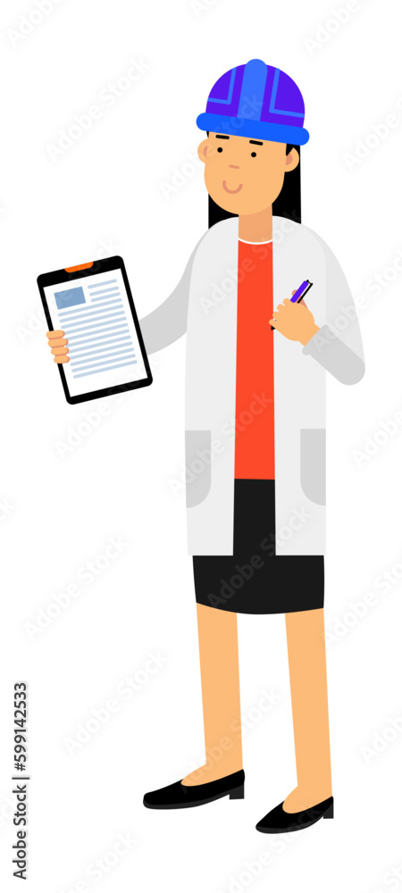 female laboratory assistant in a white coat and with a report