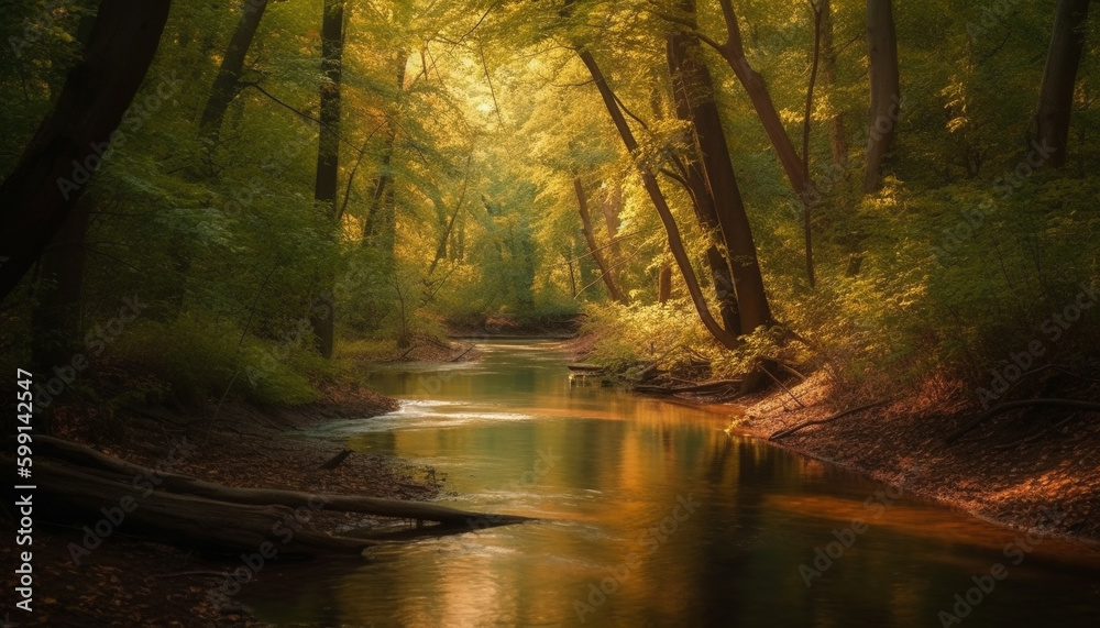 Tranquil scene of autumn forest by pond generated by AI
