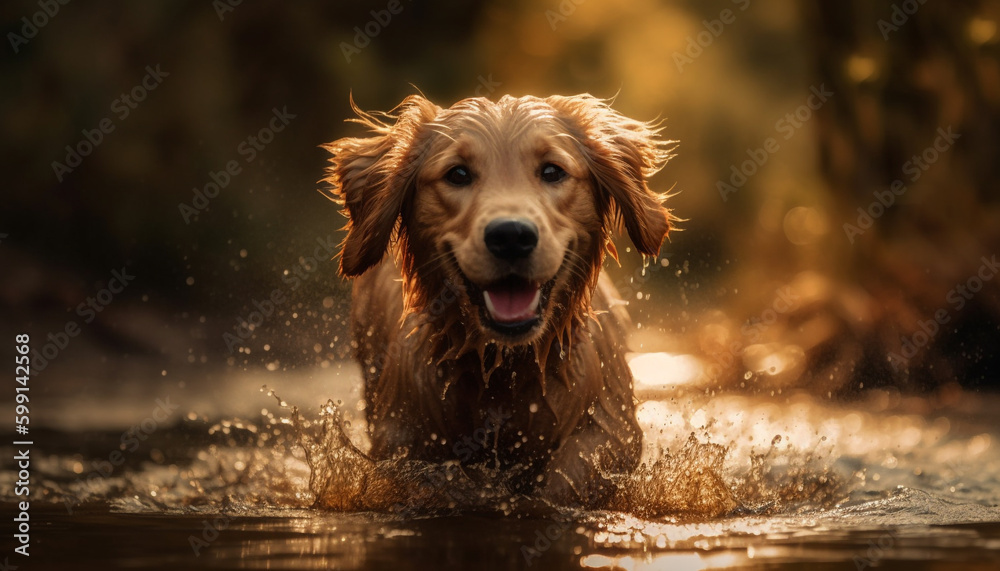 Golden retriever puppy playing in the water generated by AI