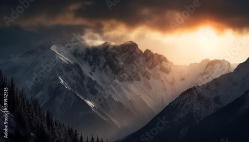 Majestic mountain peak  tranquil scene  back lit generated by AI
