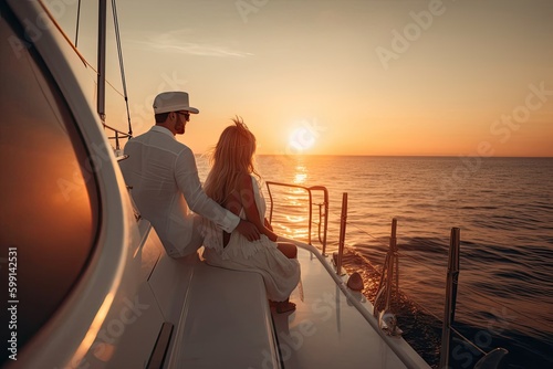Young Couple Enjoying Ride At Sea At Sunrise Generative AI
