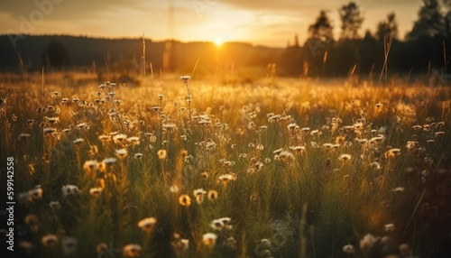 Vibrant wildflowers bloom in tranquil meadow sunset generated by AI