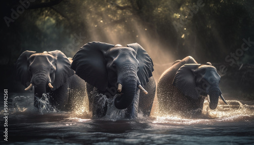 African elephant herd splashing in water motion generated by AI © djvstock