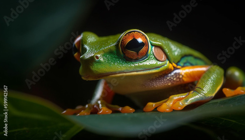 Red eyed tree frog sitting on leaf branch generated by AI