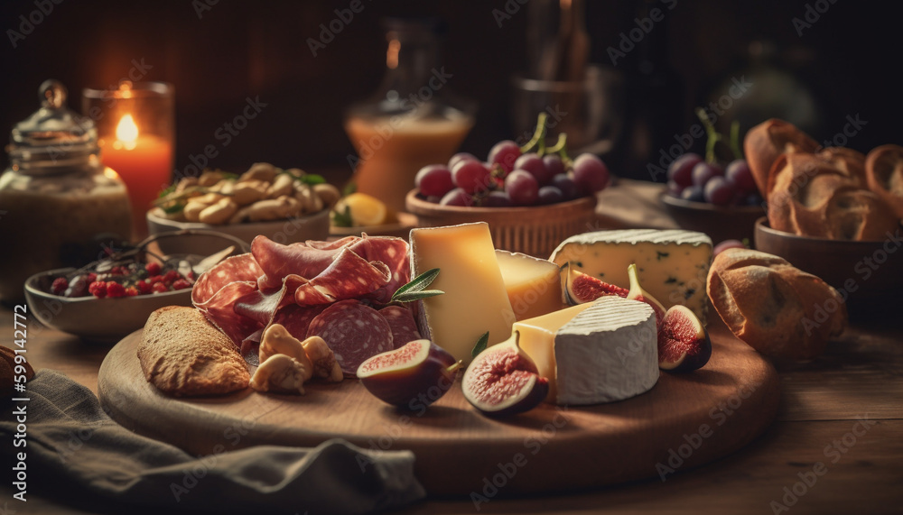 Rustic meat and cheese tray with wine generated by AI