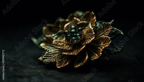 Golden brooch on black, ornate elegance shines generated by AI