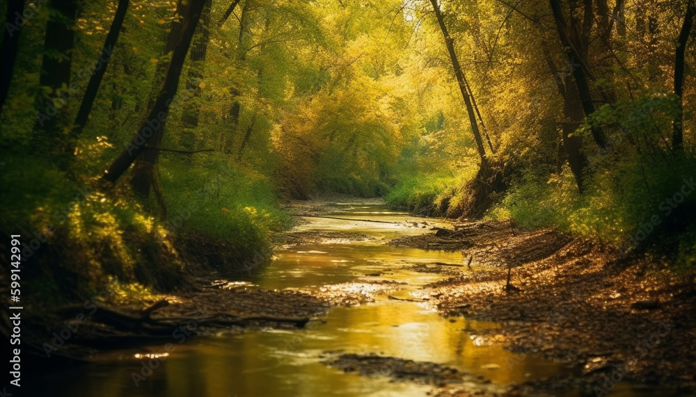 Fototapeta premium Tranquil autumn forest, vibrant colors reflect beauty generated by AI
