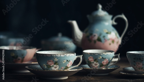 Hot drink in antique teapot on rustic table generated by AI
