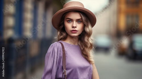 Outdoor portrait of a young beautiful girl wearing stylish hat. Urban lifestyle, generative AI tools 