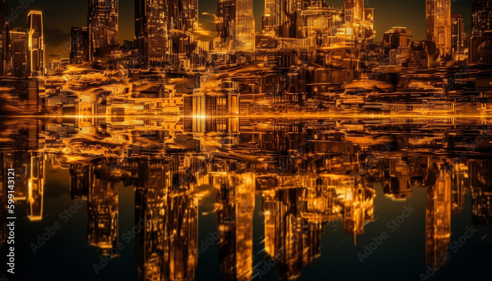 Obraz premium Futuristic cityscape reflects on water at dusk generated by AI