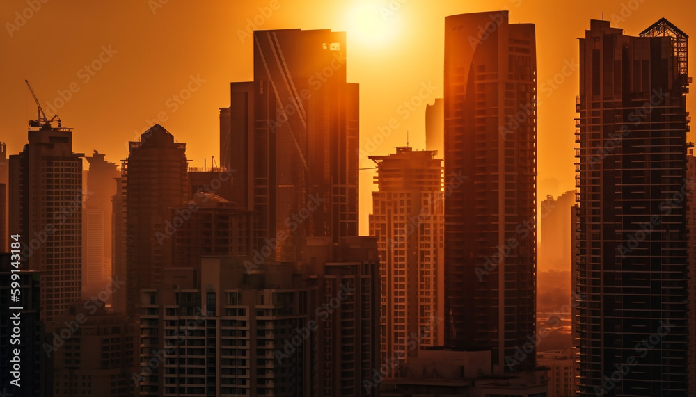 Silhouette of modern skyscrapers, back lit by sunset generated by AI