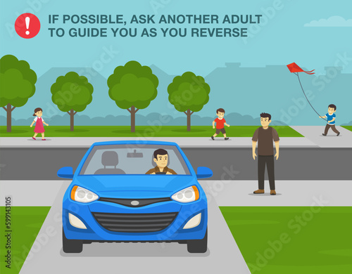 Safe driving tips and rules. If possible, ask another adult to guide you as you reverse. Driver looks back in wing mirror before moving reverse in the driveway. Flat vector illustration template.
