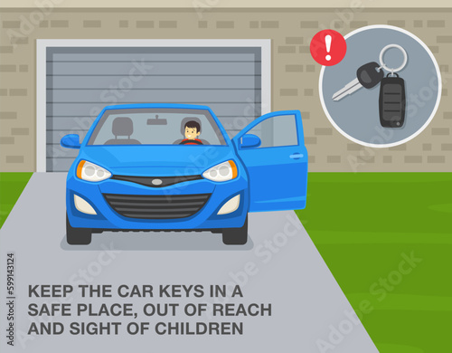Safe driving tips and rules. Keep the car keys in a safe place, out of reach and sight of children. Boy opens and sitting in front driver's seat. Flat vector illustration template.