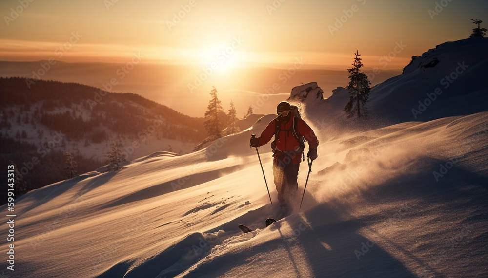 Mountain climber hikes through winter wonderland sunset generated by AI