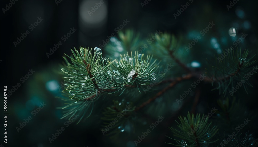 Evergreen branches shine bright in winter night generated by AI