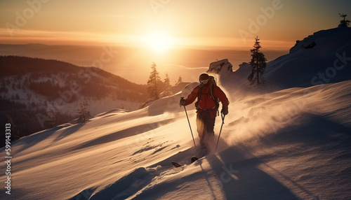 Mountain climber hikes through winter wonderland sunset generated by AI © djvstock