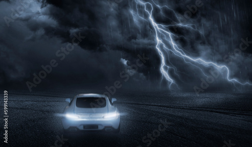 3D Rendering white sports car that focuses on the back, runs on a road with rain and lightning at night. photo