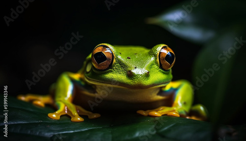 Red eyed tree frog sitting on tropical leaf generated by AI