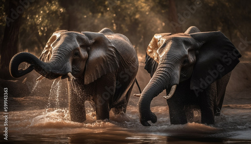 African elephant herd walking in tropical wilderness generated by AI © djvstock