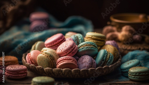 Multi colored macaroons stacked on rustic wooden table generated by AI