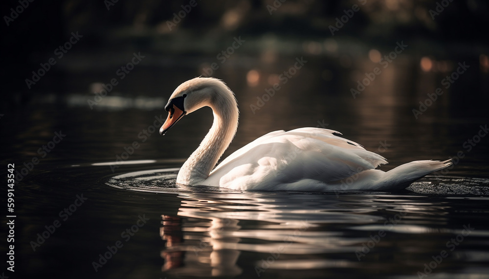 Fototapeta premium Elegant swan reflects natural beauty in tranquil pond generated by AI