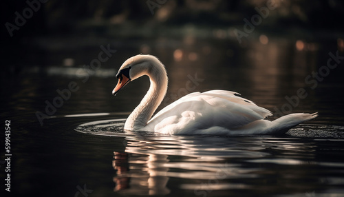 Elegant swan reflects natural beauty in tranquil pond generated by AI