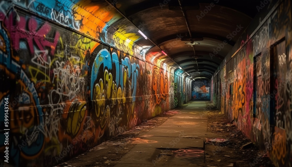 Graffiti covered walls line the spooky subway corridor generated by AI
