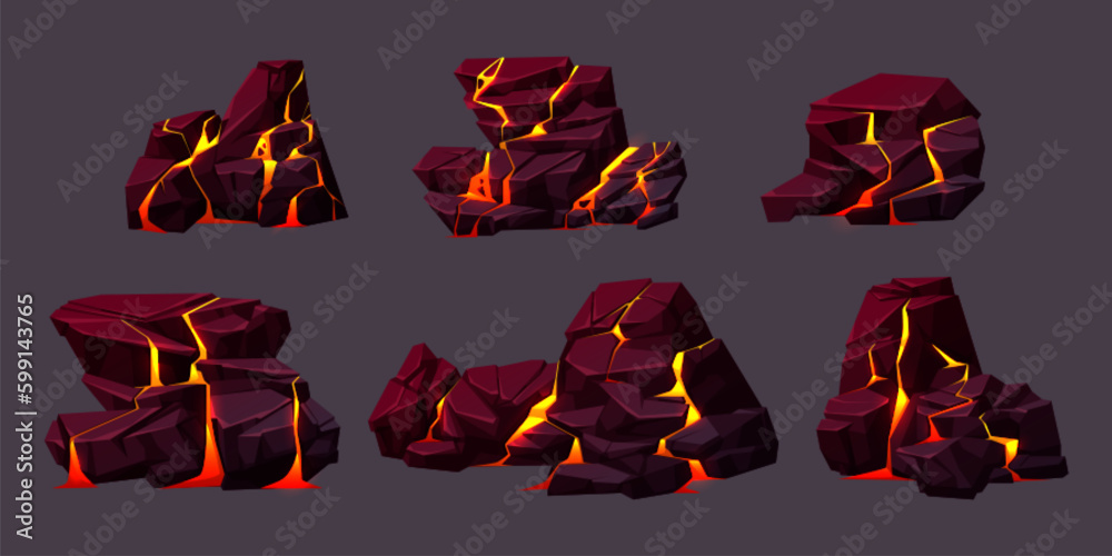 Volcano boulder texture with lava in cracks and broken stones. Volcanic rocks with light effect in fissures and surface breaks with hot magma, vector cartoon illustration