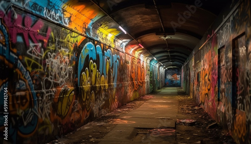 Graffiti covered walls line the spooky subway corridor generated by AI © djvstock