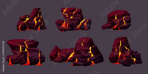 Volcano boulder texture with lava in cracks and broken stones. Volcanic rocks with light effect in fissures and surface breaks with hot magma, vector cartoon illustration