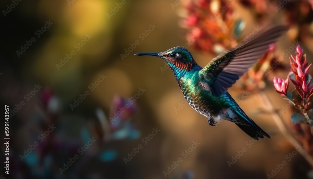 Fototapeta premium Hummingbird hovers mid air, pollinating vibrant flowers generated by AI