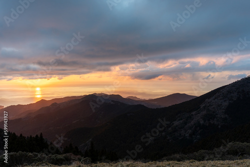 Sunset from top of hill or mountains