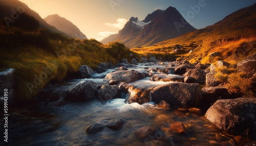 Majestic mountain range, tranquil scene, flowing water generated by AI © djvstock