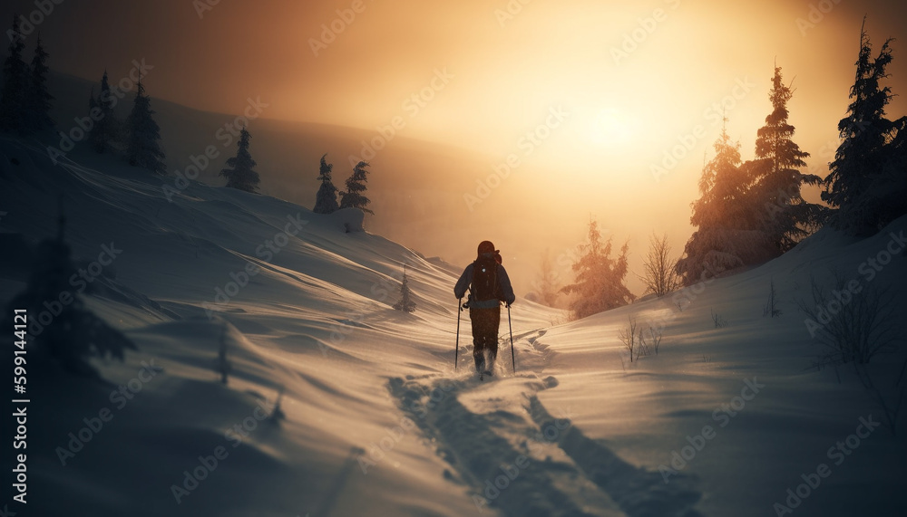 One person skiing down mountain at sunset generated by AI