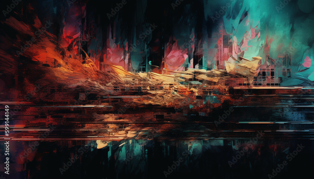 Abstract acrylic painting of burning underground landscape generated by AI