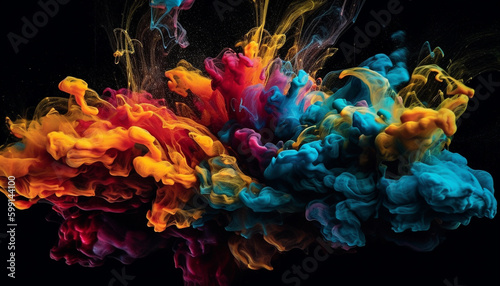 Multi colored ink exploding in abstract underwater chaos generated by AI