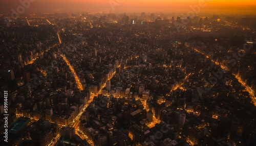 Glowing Beijing skyline at dusk, mid air view generated by AI