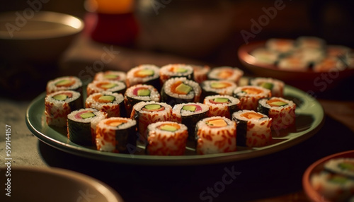 Fresh seafood plate maki sushi, sashimi, nigiri generated by AI