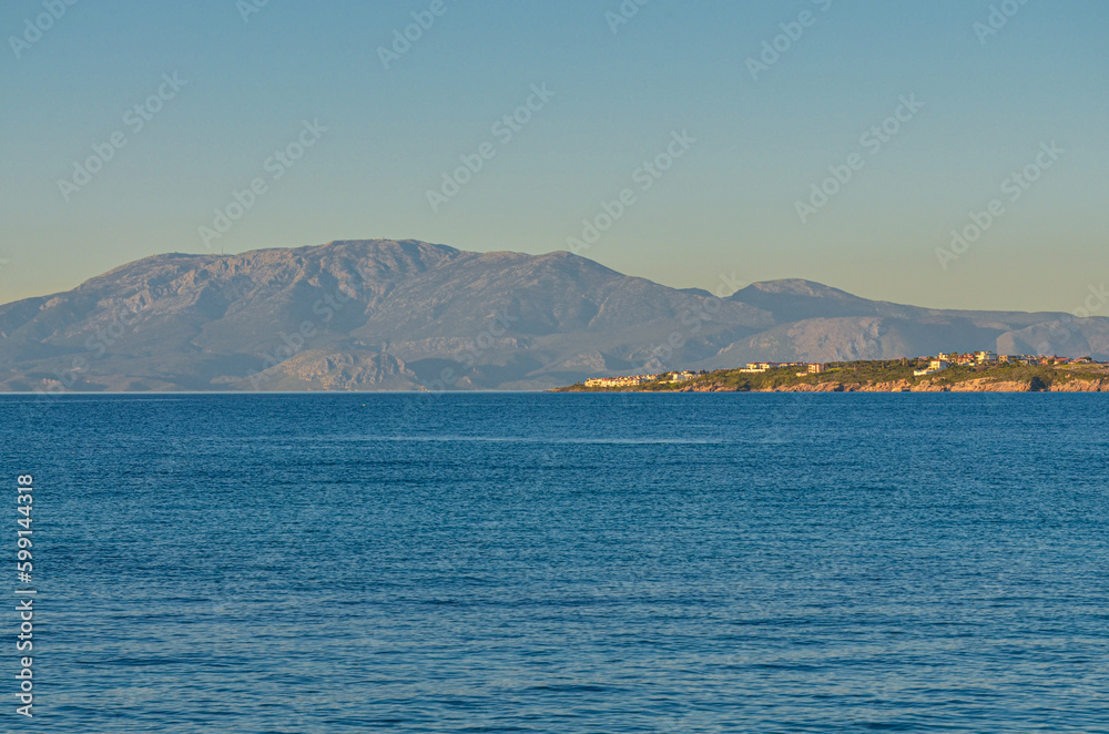 Ilica Korfezi Bay, Ardic, Karatas Burnu and Karaburun Peninsula scenic view from Yildizburnu esplanade (Cesme, Izmir province, Turkiye)