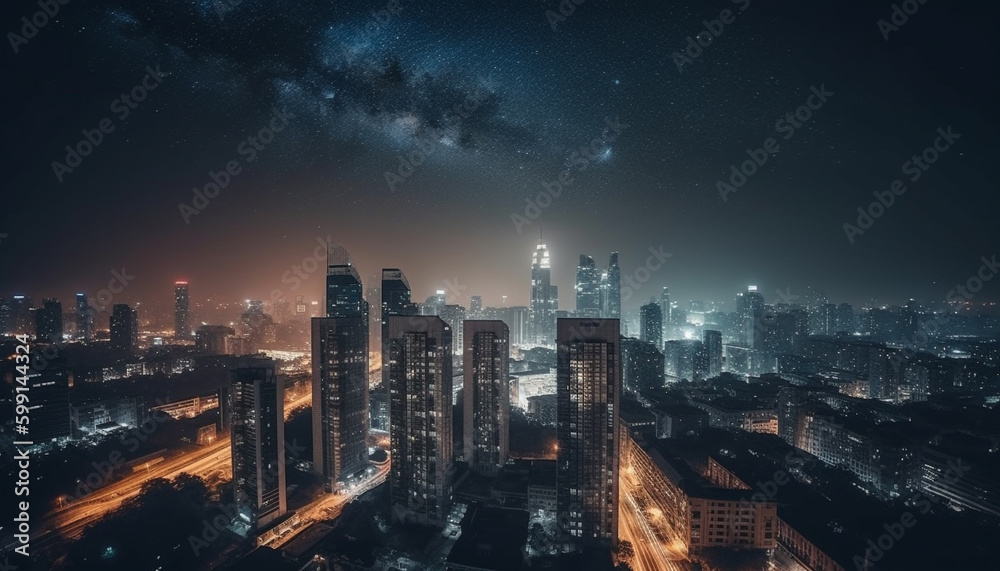 Glowing cityscape at dusk, a futuristic metropolis generated by AI
