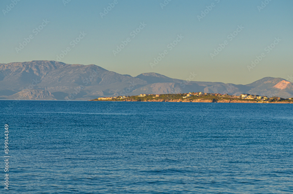 Ilica Korfezi Bay, Ardic, Karatas Burnu and Karaburun Peninsula scenic view from Yildizburnu esplanade (Cesme, Izmir province, Turkiye)