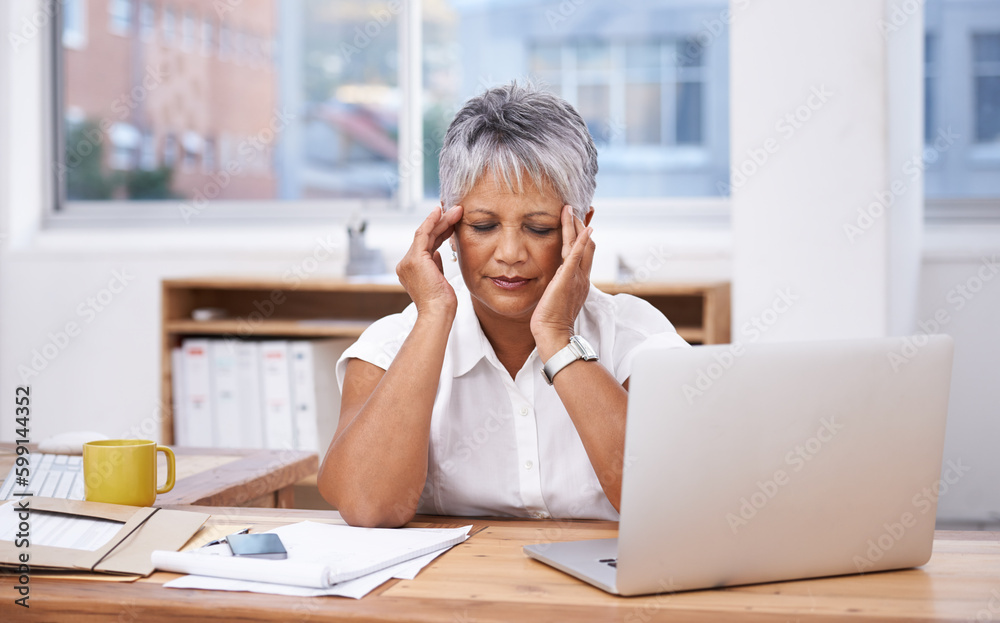 Stress, headache and woman on laptop in office administration for migraine, burnout or mistake. Brain fog, problem or migraine of senior business person massage temple and planning on her computer Stress, headache and woman on laptop in office administration for migraine, burnout or mistake. Brain fog, problem or migraine of senior business person massage temple and planning on her computer