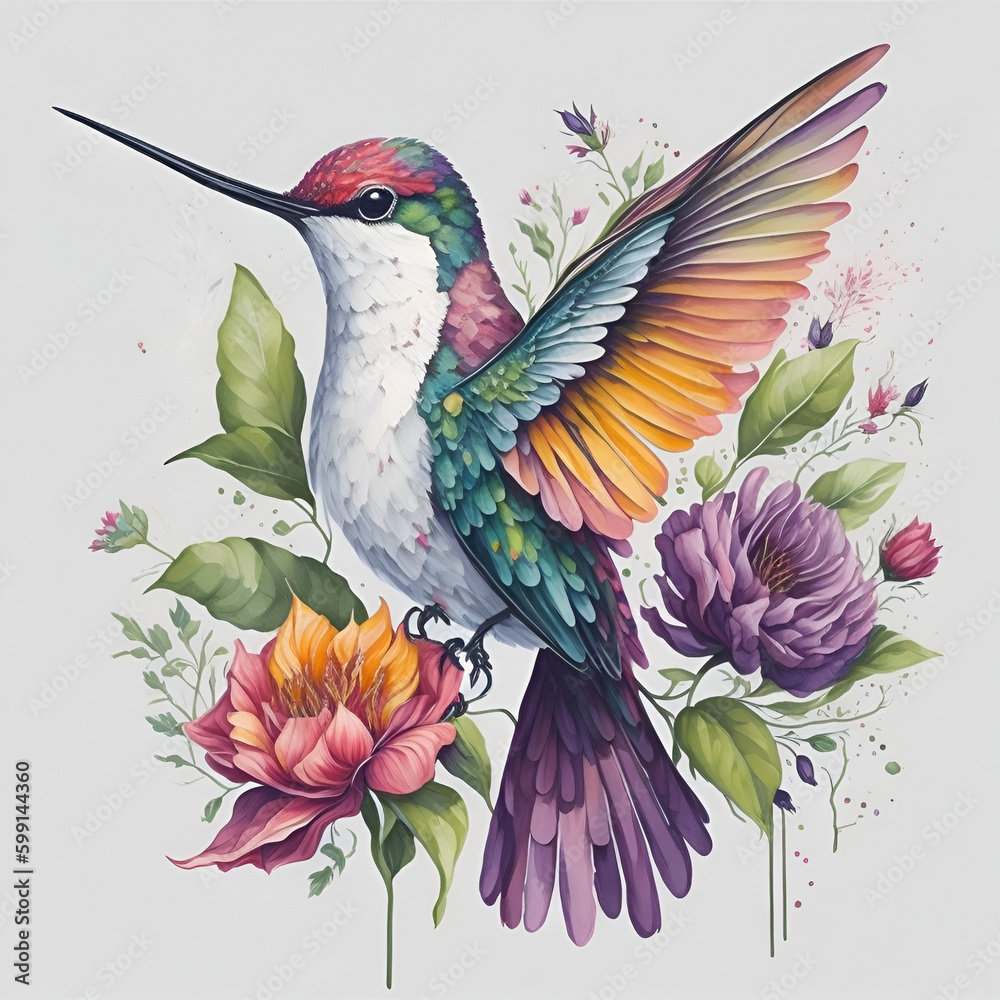 Obraz premium Colorful hummingbird, Watercolor Clipart, massive flowers splash, LUSH, flowers splash, full Illustration, with white background
