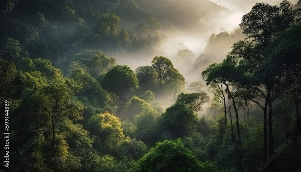 Mysterious fog shrouds tranquil forest landscape scene generated by AI