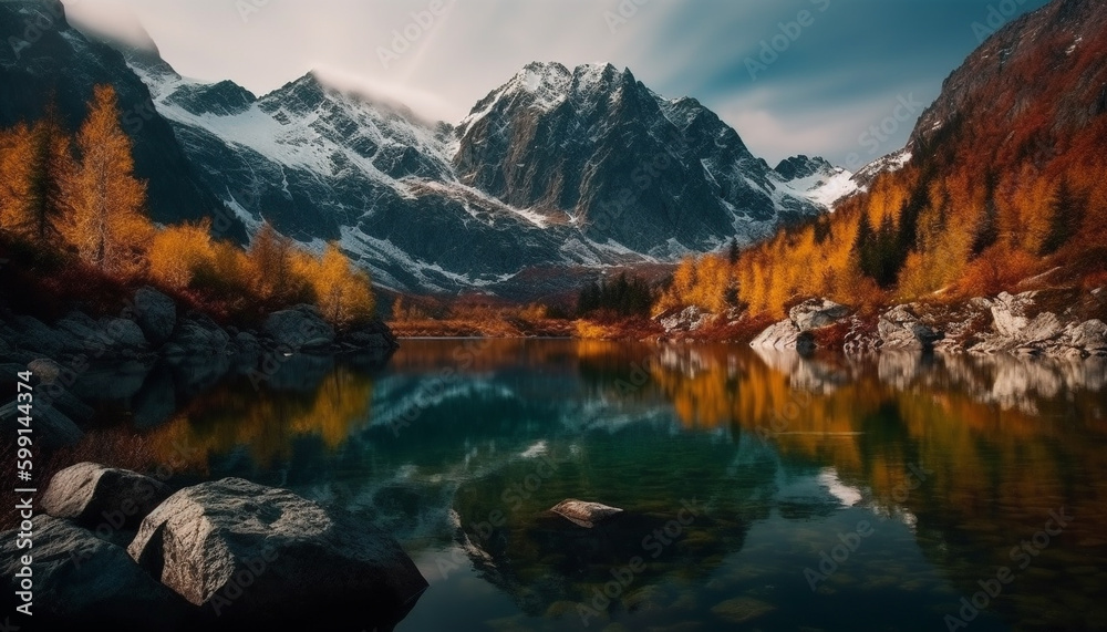 Fototapeta premium Majestic mountain peak reflects tranquil autumn beauty generated by AI