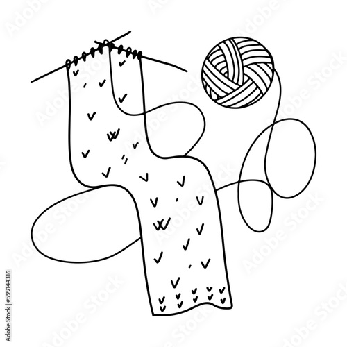 Knitting of scarf in hand drawn doodle style. Vector illustration isolated on white. Coloring page. Knitting proccess.