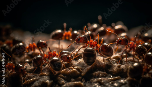 Canvas Print Small ant colony working together on leaf generated by AI
